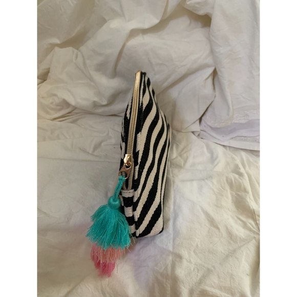 Ecru Cosmetic Essentials Clutch Bag Black Striped Tassels Top Zip Pastel Tassels - Picture 2 of 6